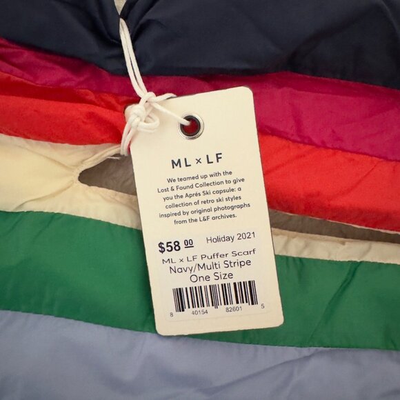 Marine Layer X Lost & Found Retro Rainbow Puffer Scarf Navy/ multi stripe one sz - Picture 7 of 9